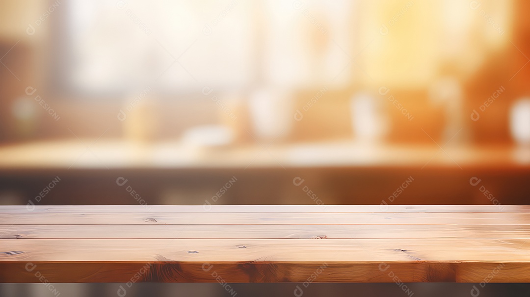 Mesa de madeira vazia e interior de cozinha moderna