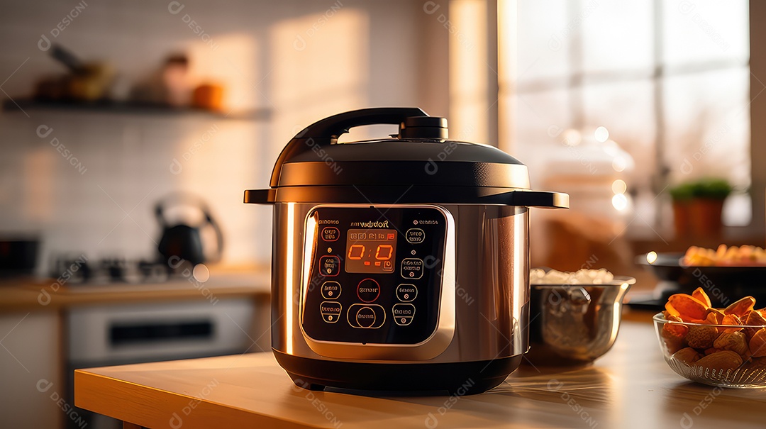 Panela elétrica moderna multiuso sobre a mesa da cozinha