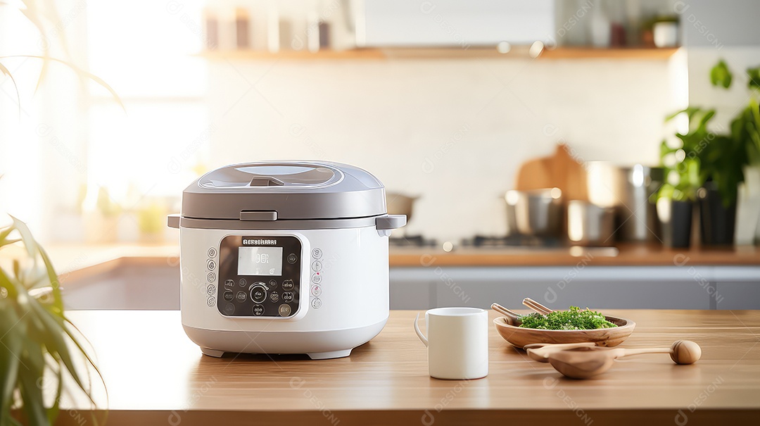 Panela elétrica moderna multiuso sobre a mesa da cozinha