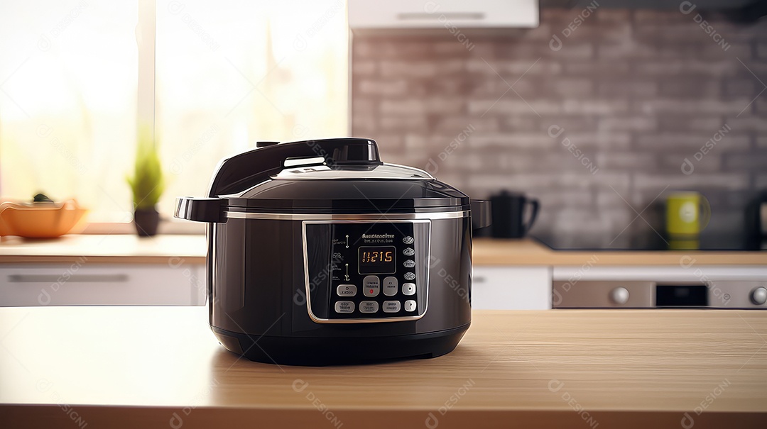 Panela elétrica moderna multiuso sobre a mesa da cozinha