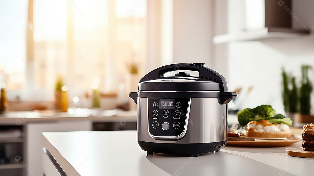 Panela elétrica moderna multiuso sobre a mesa da cozinha