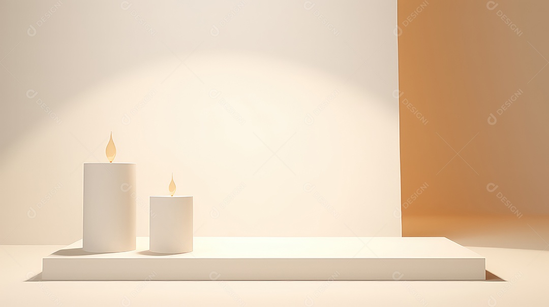 Prateleira branca com velas em uma sala com parede laranja