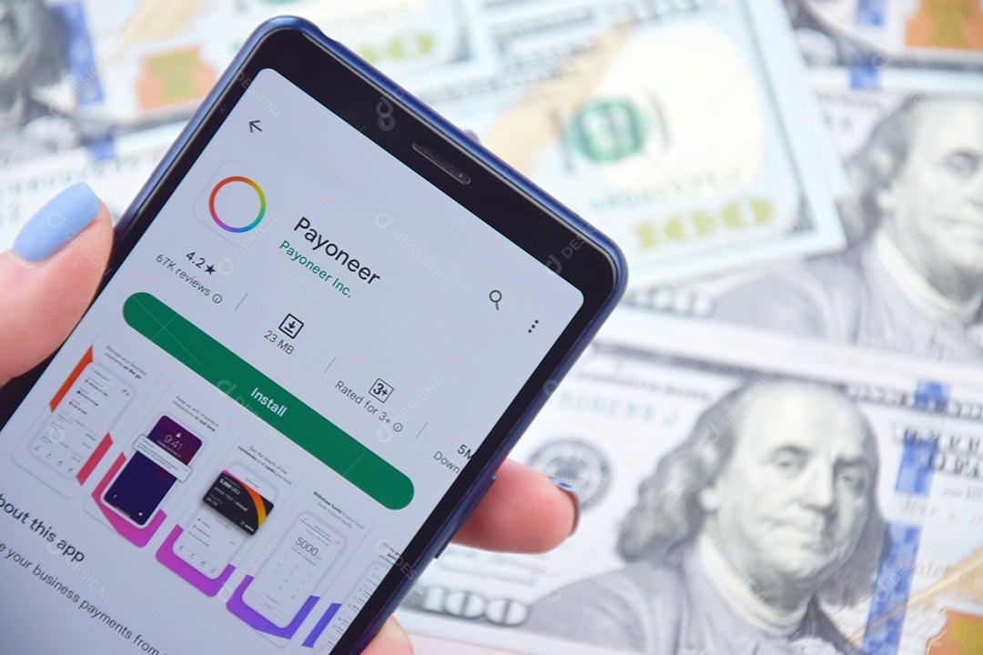 Aplicativo móvel de banco Payoneer em fundo de dólares