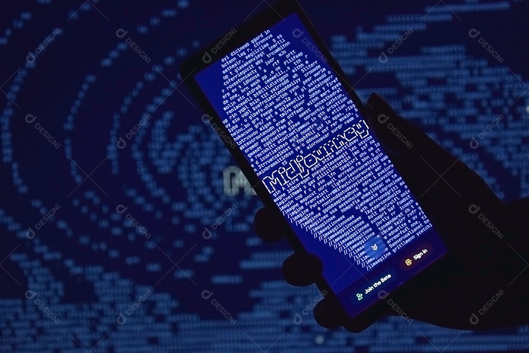 Mão feminina segurando um telefone com o site Midjourney na tela