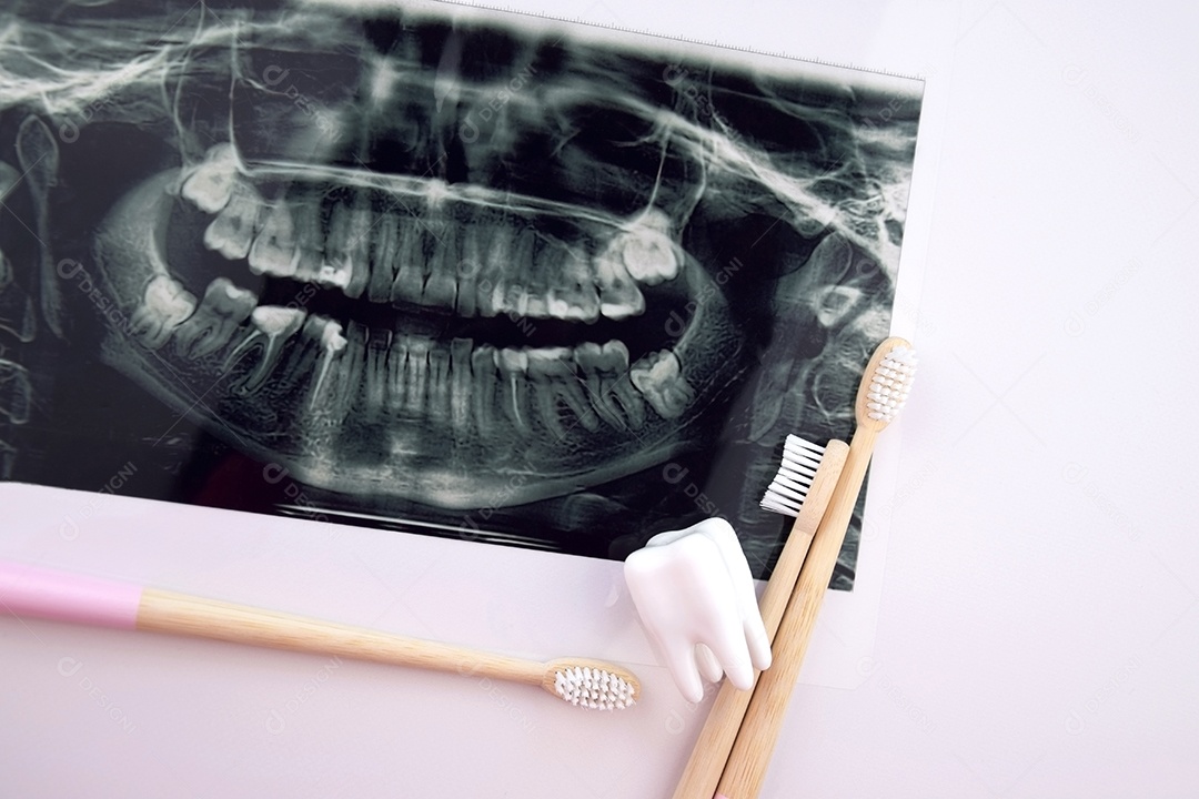 Instantâneo panorâmico da mandíbula do dente do paciente e três escovas de dente