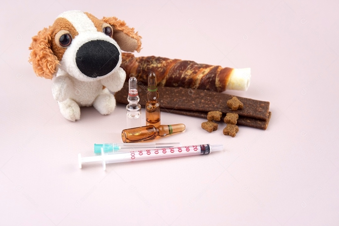 Brinquedo macio para cães e guloseimas sobre fundo claro