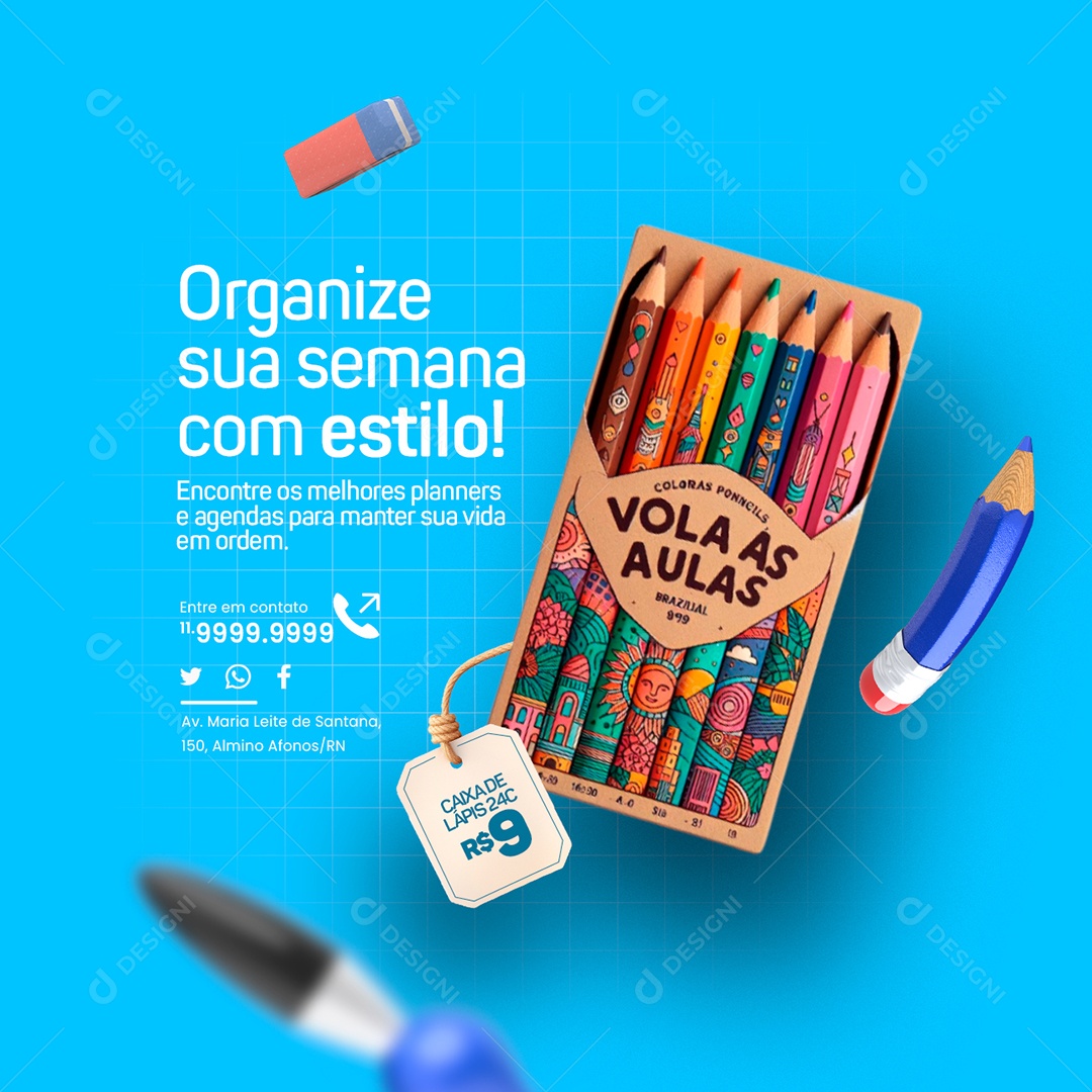 Papelaria Volta às Aulas Lápis de Cor Organize sua semana com estilo Social Media PSD Editável