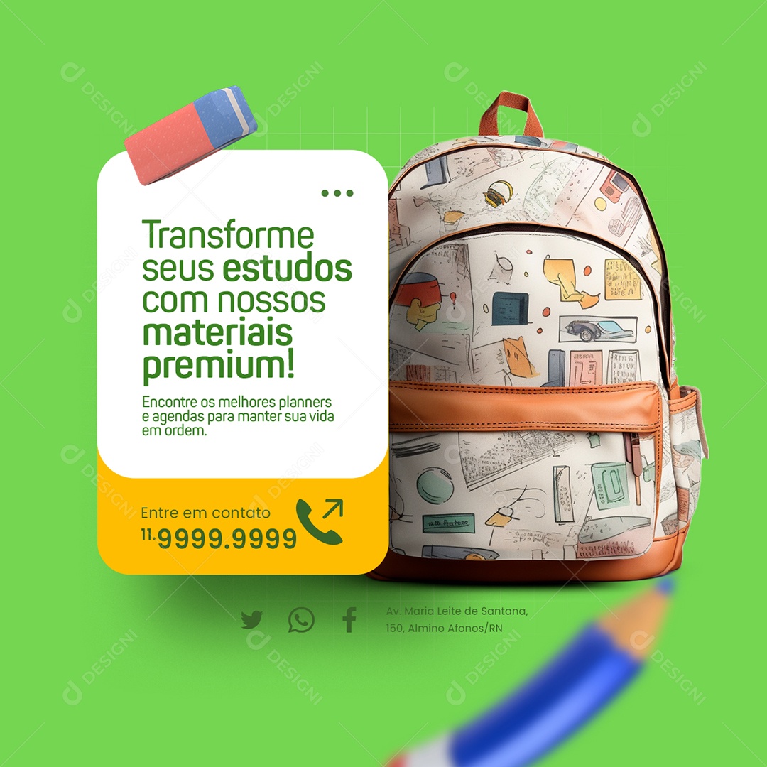 Papelaria Volta às Aulas Mochila Transforme seus estudos com nossos materiais Social Media PSD Editável