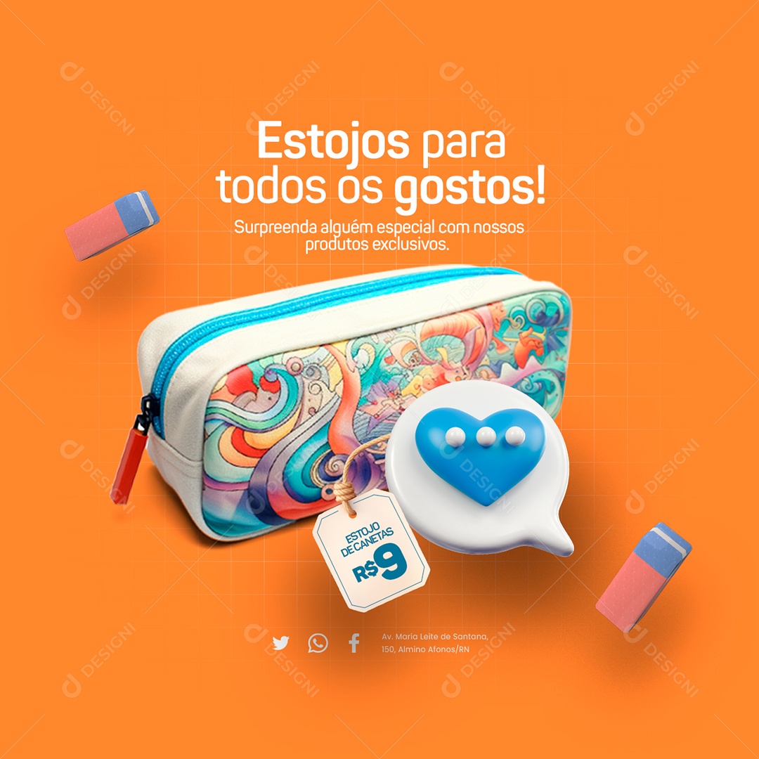 Papelaria Volta às Aulas Estojos para todos os gostos Social Media PSD Editável