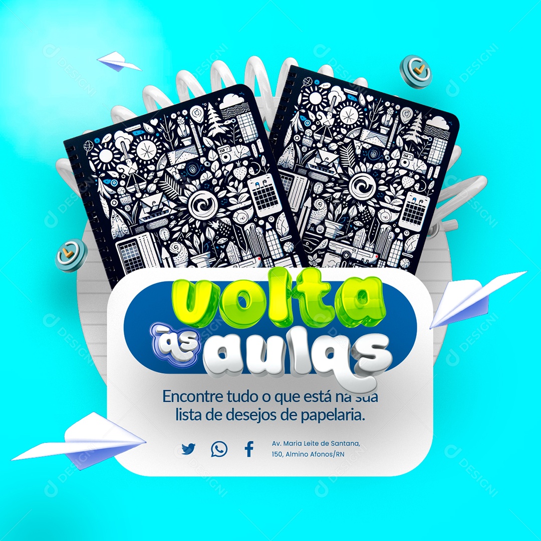 Papelaria Volta às Aulas Caderno Encontre tudo o que está na sua lista Social Media PSD Editável
