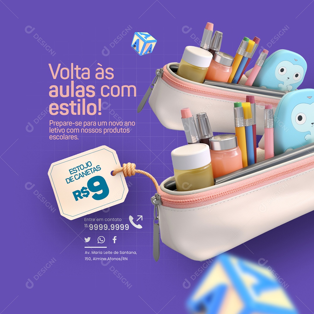 Social Media Papelaria Volta às Aulas com estilo Estojo de Canetas PSD Editável