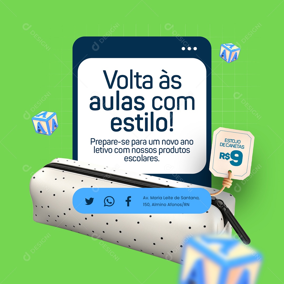 Papelaria Volta às Aulas com estilo Estojo de Canetas Social Media PSD Editável