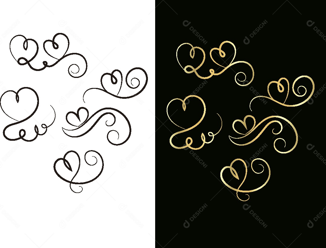 Conjunto de Corações Florais Feito a Mão Vetor EPS