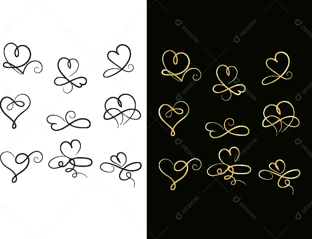 Conjunto de Corações Florais Feito a Mão Vetor EPS