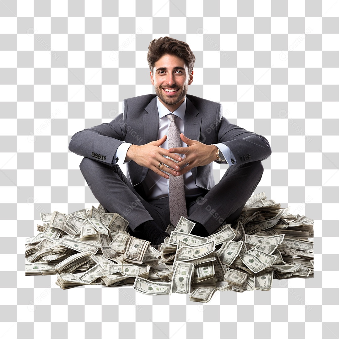 Homem Sentado em Monte de Dinheiro PNG Transparente