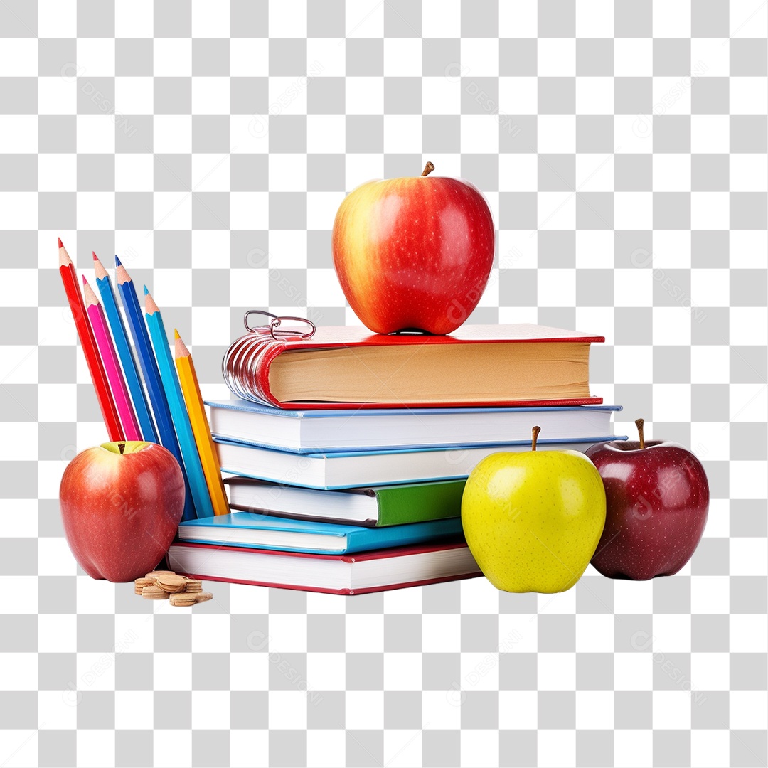 Materiais Escolares com Maçã PNG Transparente