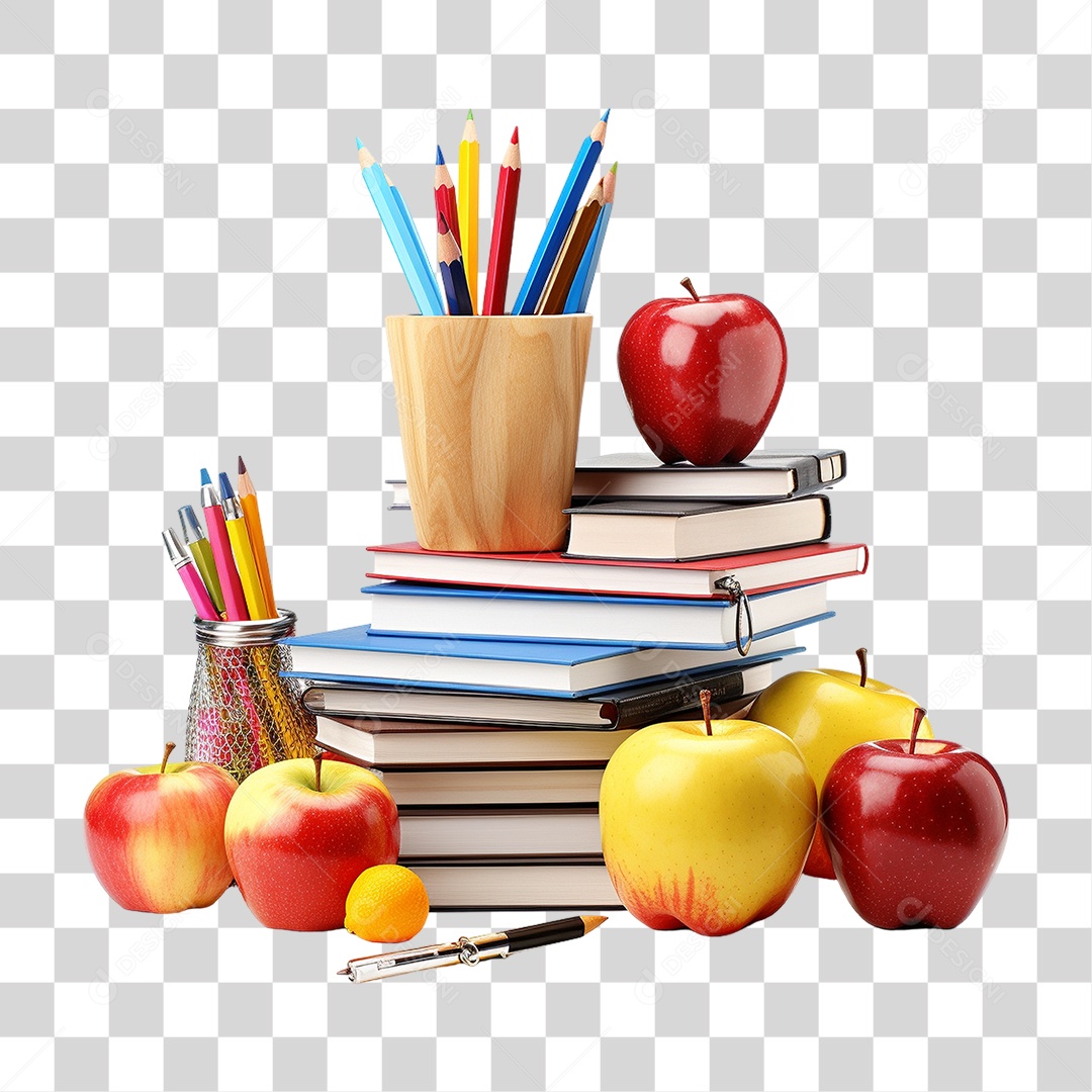 Materiais Escolares com Maçã PNG Transparente