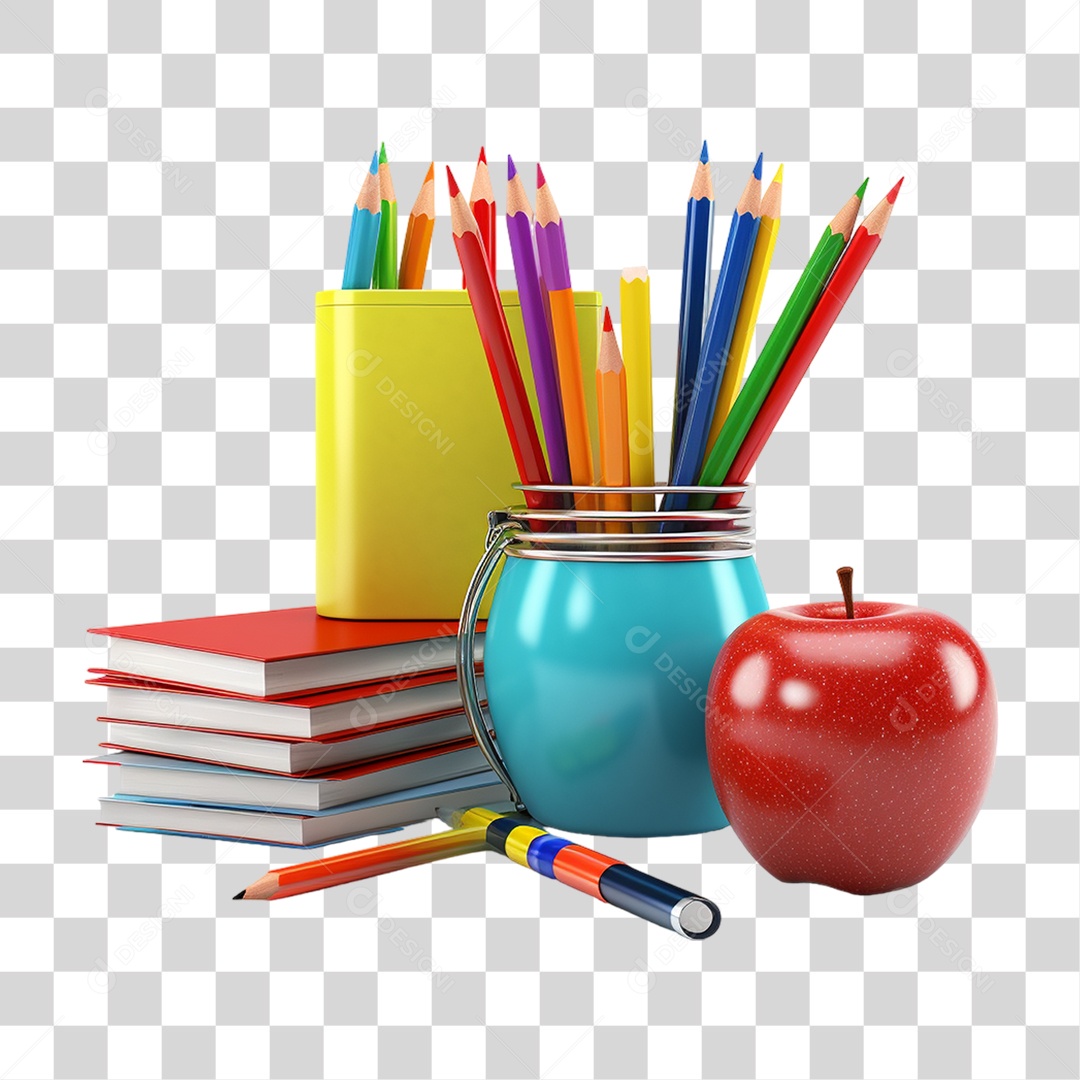 Materiais Escolares com Maçã PNG Transparente
