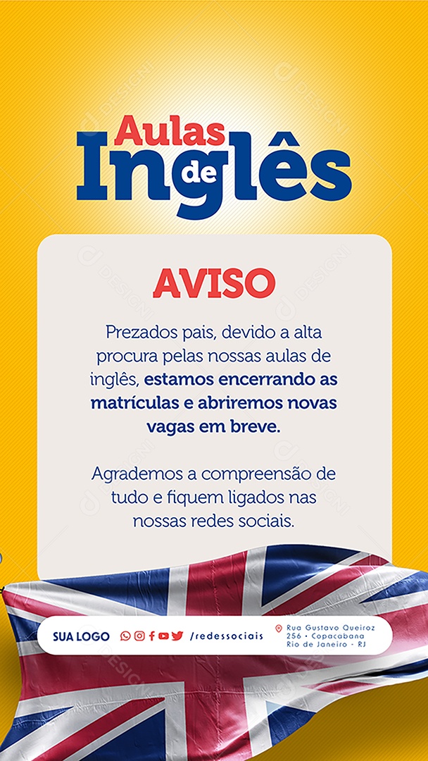 Story Aulas de Inglês Aviso Social Media PSD Editável