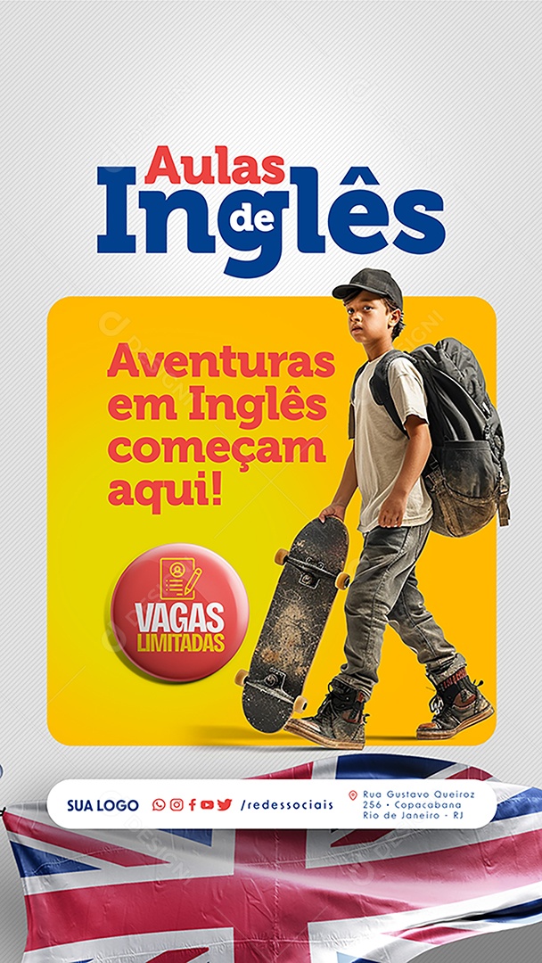 Story Aulas de Inglês Aventuras Começam Aqui Social Media PSD Editável