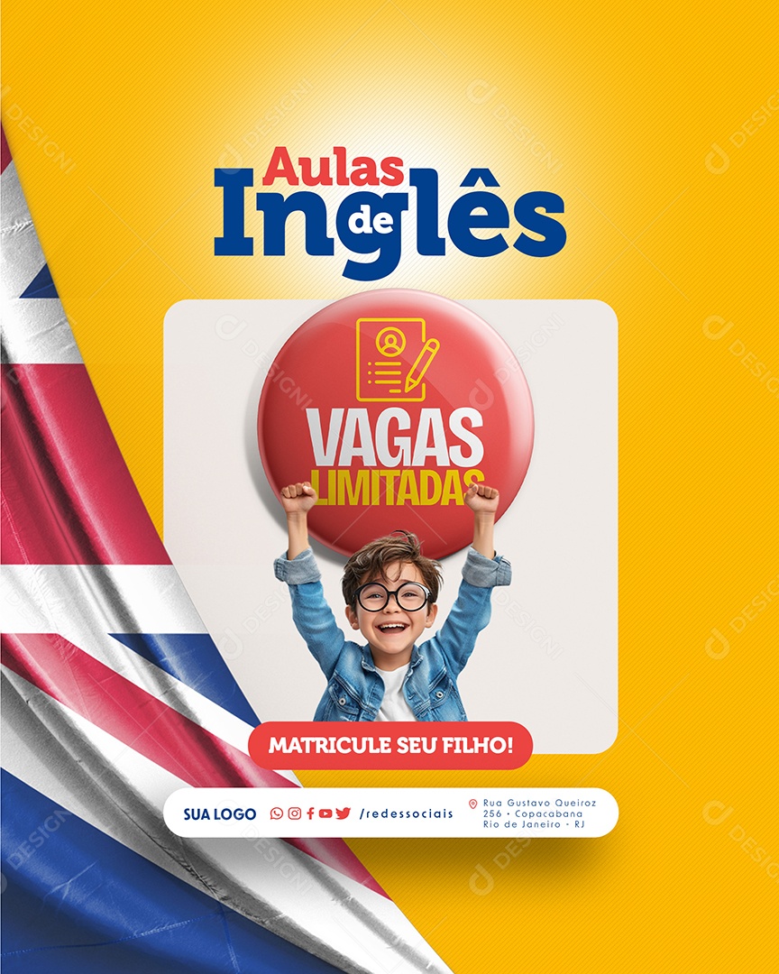 Aulas de Inglês Vagas Limitadas Matricule seu Filho Social Media PSD Editável