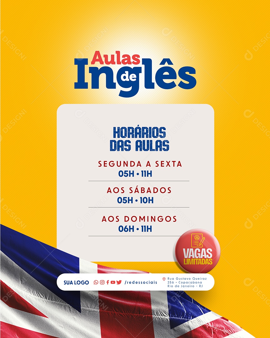 Aulas de Inglês Horários Social Media PSD Editável