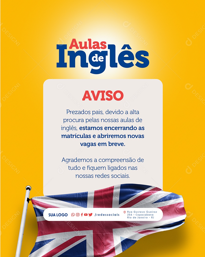 Aulas de Inglês Aviso Social Media PSD Editável
