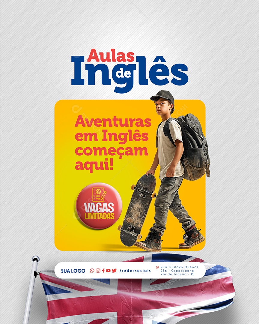 Aulas de Inglês Aventuras Começam Aqui Social Media PSD Editável