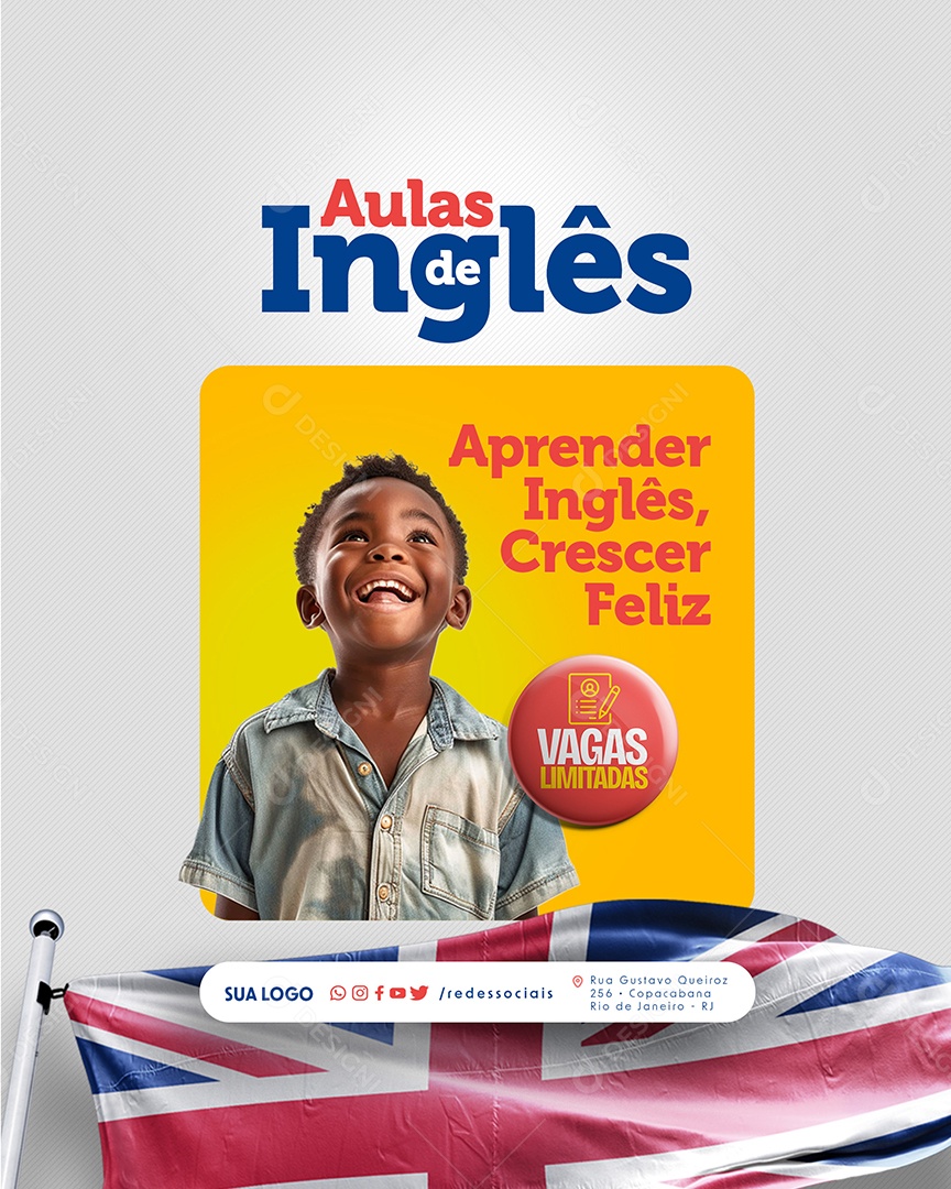 Aulas de Inglês Aprender Crescer Feliz Social Media PSD Editável
