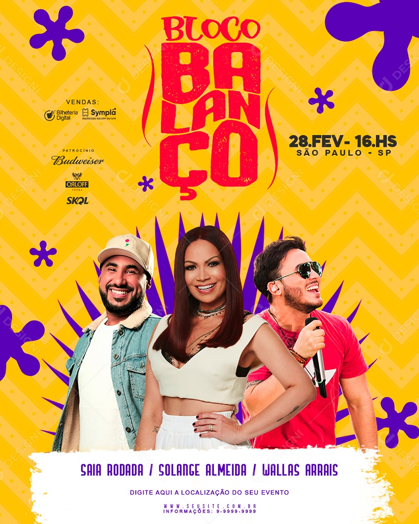 Flyer Carnaval Bloco Balanço Saia Rodada Solange Almeida Wallas Arrais Social Media PSD Editável