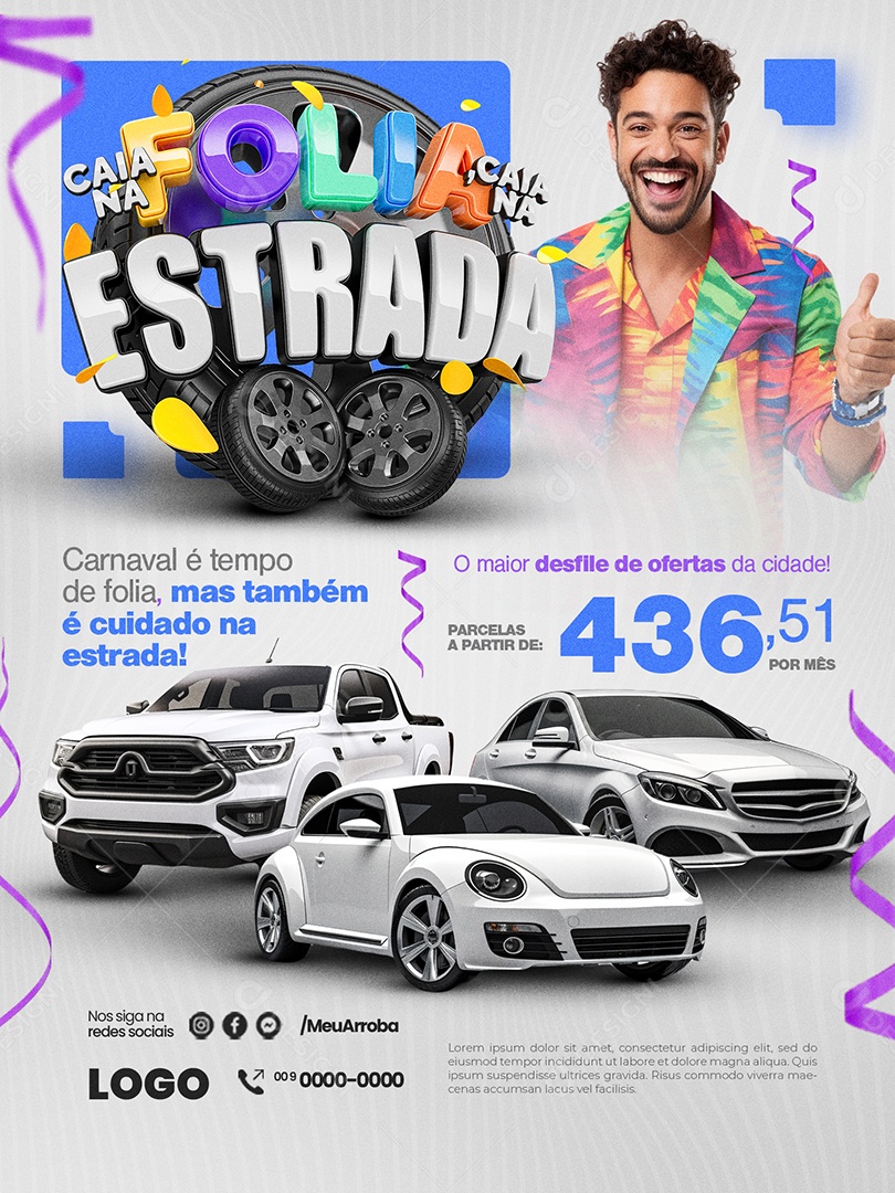 Concessionária Caia na Folia Caia na Estrada Encarte desfile de ofertas Social Media PSD Editável