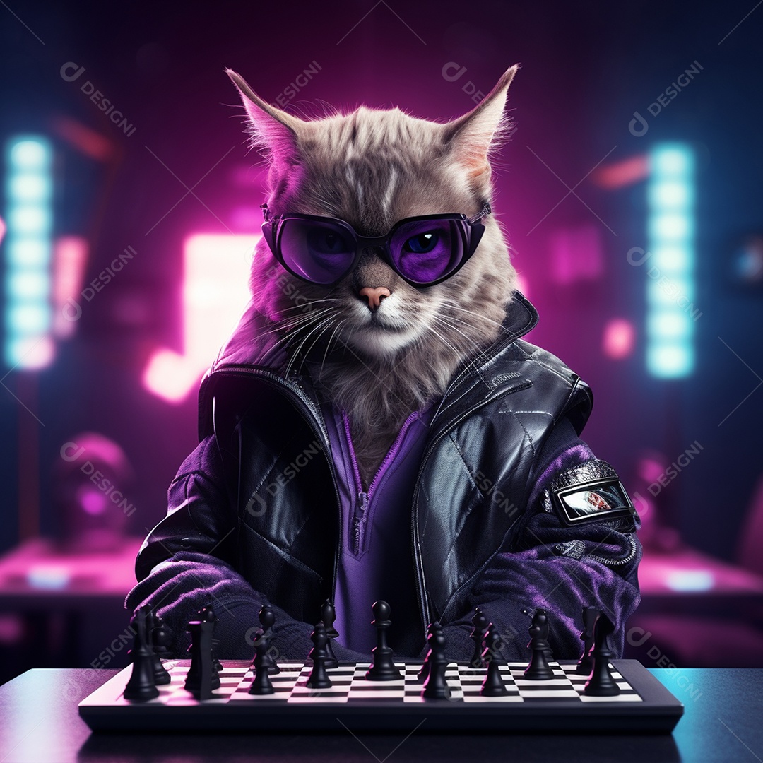 Um gato em uma jaqueta e óculos de sol