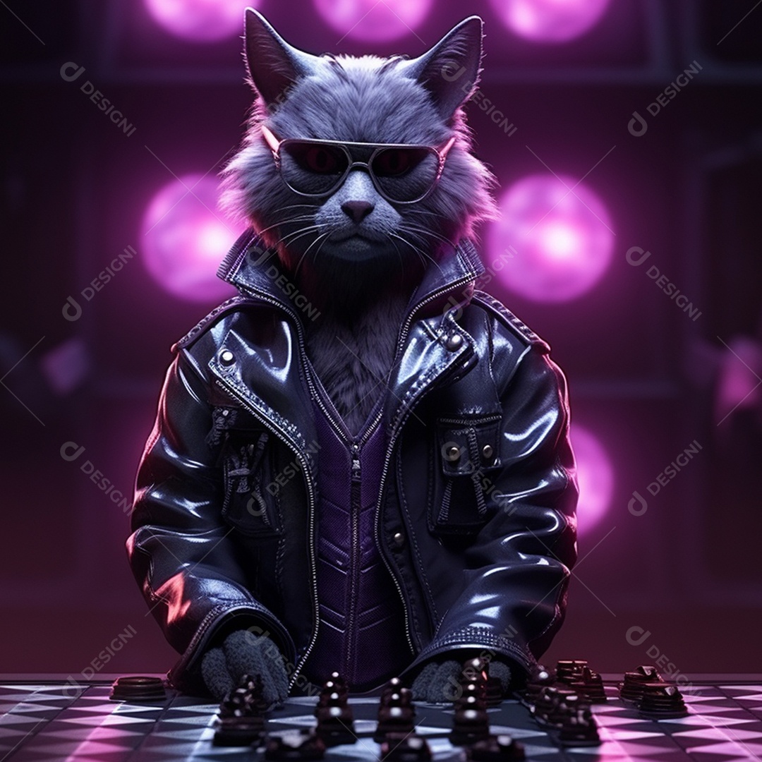 Um gato em uma jaqueta e óculos de sol