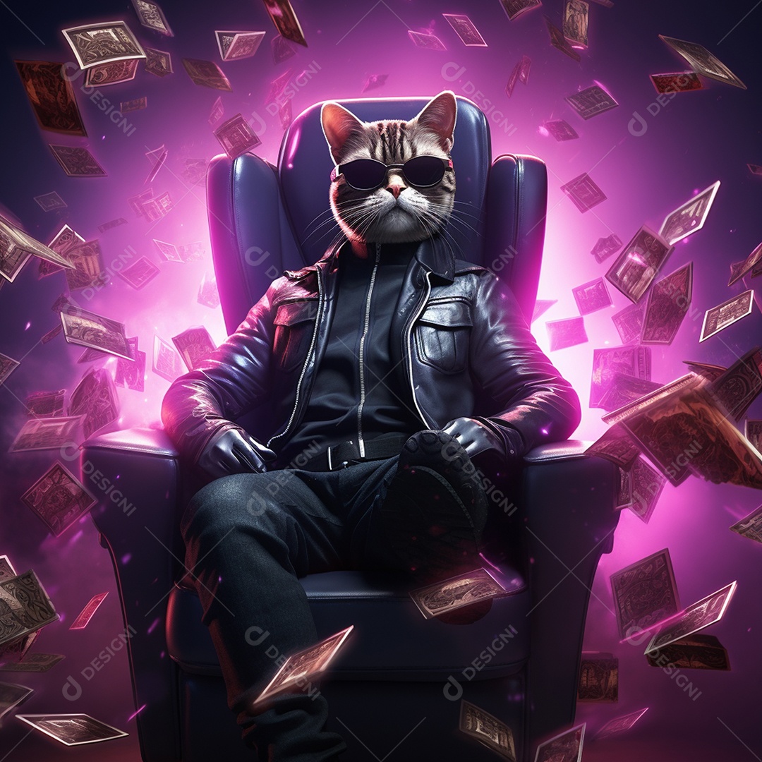 Um gato em uma jaqueta e óculos de sol