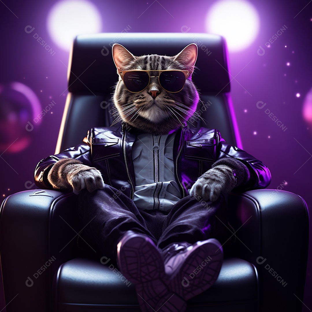 Um gato em uma jaqueta e óculos de sol