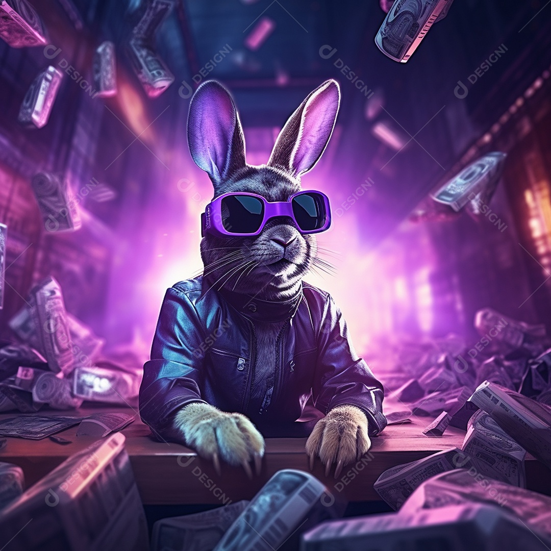 Coelho fofo e fofinho orelhas longas adorável néon utilizando óculos