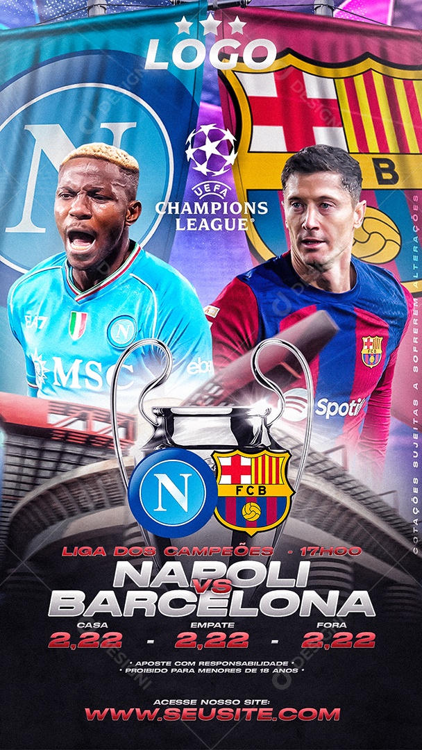 Oitavas de Final Champions Napoli x Barcelona Story Social Media PSD Editável