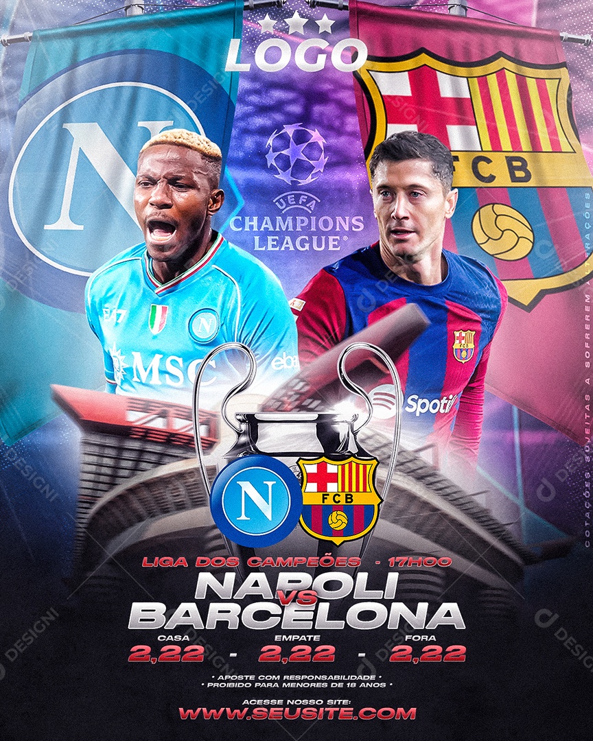 Oitavas de Final Champions Napoli x Barcelona Story Social Media PSD Editável