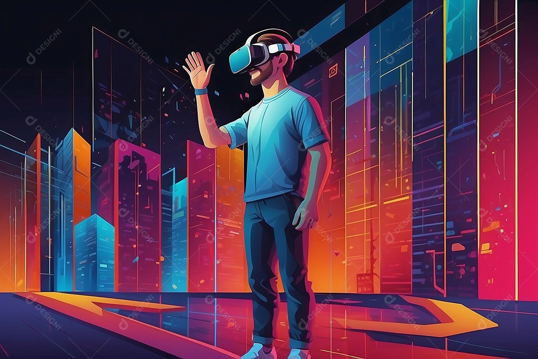 Ilustração isométrica de realidade virtual estilo de desenho animado cores brilhantes vibrantes IA generativa