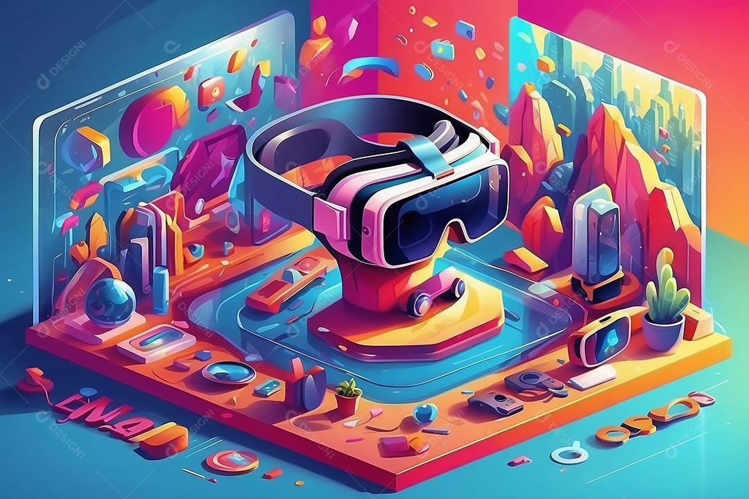 Ilustração isométrica de realidade virtual estilo de desenho animado cores brilhantes vibrantes IA generativa