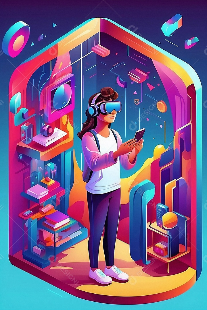 Ilustração isométrica de realidade virtual estilo de desenho animado cores brilhantes vibrantes IA generativa