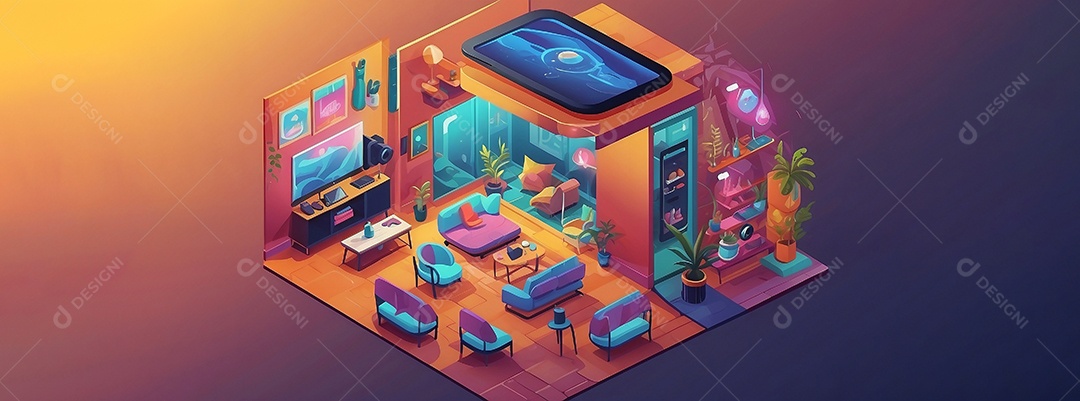 Ilustração isométrica de realidade virtual estilo de desenho animado cores brilhantes vibrantes IA generativa