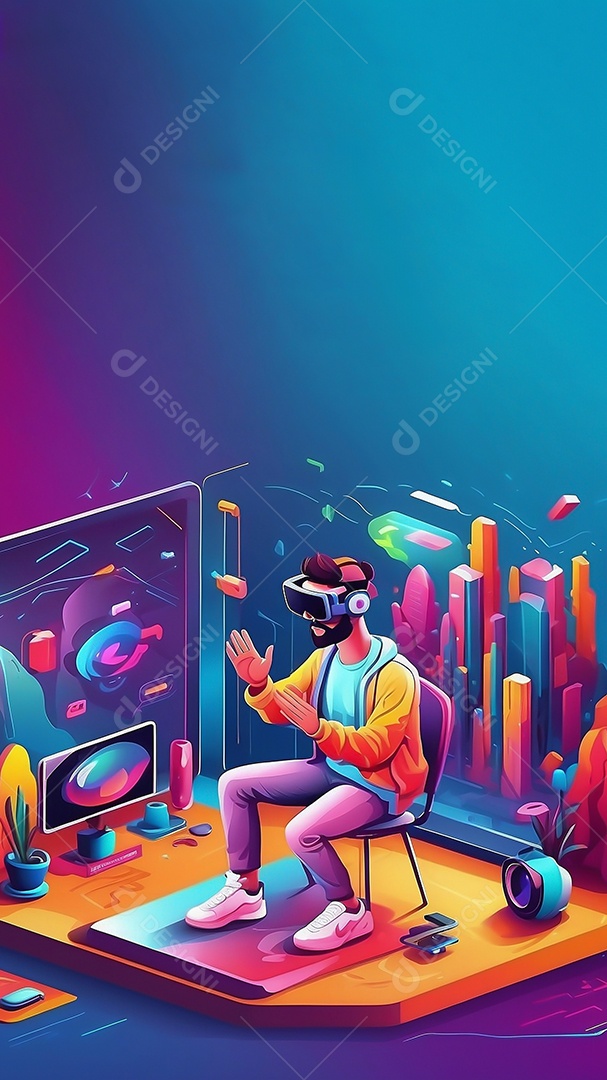 Ilustração isométrica de realidade virtual estilo de desenho animado cores brilhantes vibrantes IA generativa