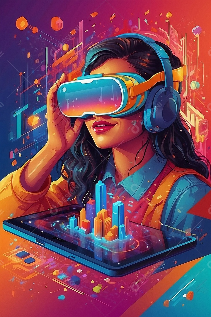 Ilustração isométrica de realidade virtual estilo de desenho animado cores brilhantes vibrantes IA generativa