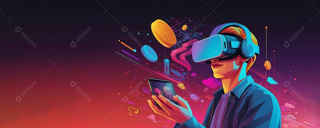 Ilustração isométrica de realidade virtual estilo de desenho animado cores brilhantes vibrantes IA generativa