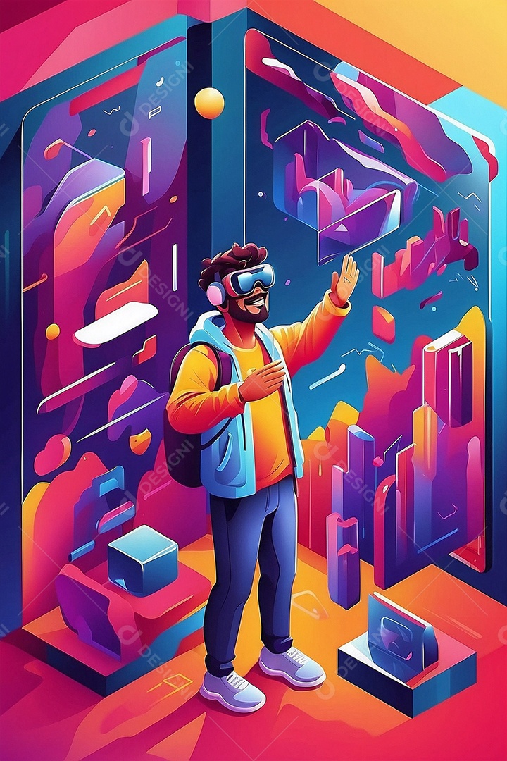 Ilustração isométrica de realidade virtual estilo de desenho animado cores brilhantes vibrantes IA generativa