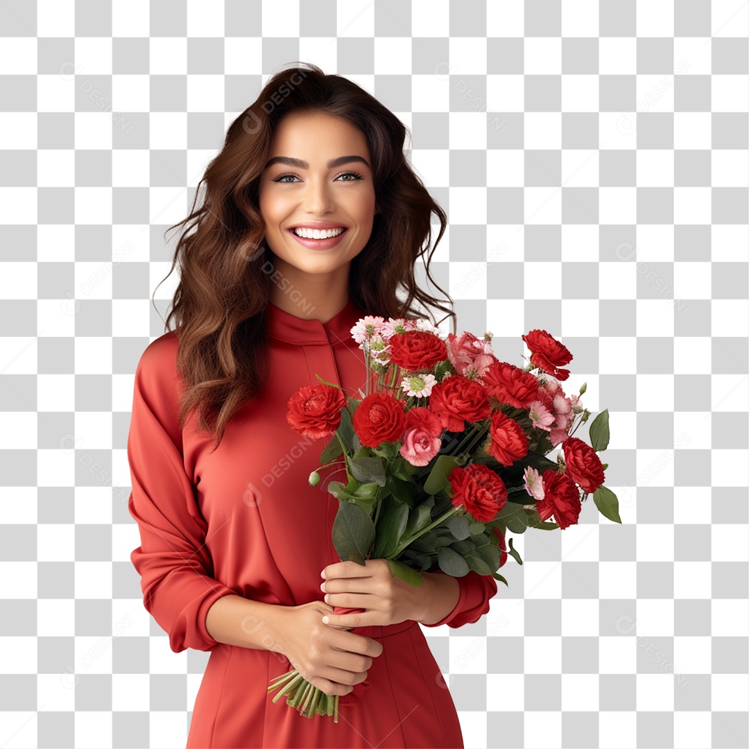 Mulher de Vermelho com Buquê de Flores PNG Transparente