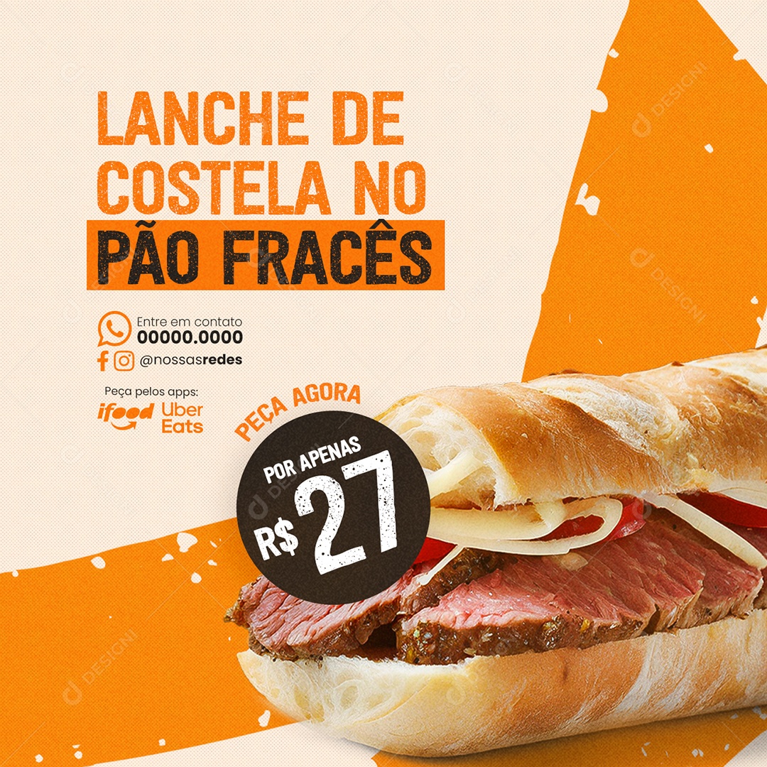 Lanchonete Lanche de Costela no Pão Francês Peça agora Social Media PSD Editável