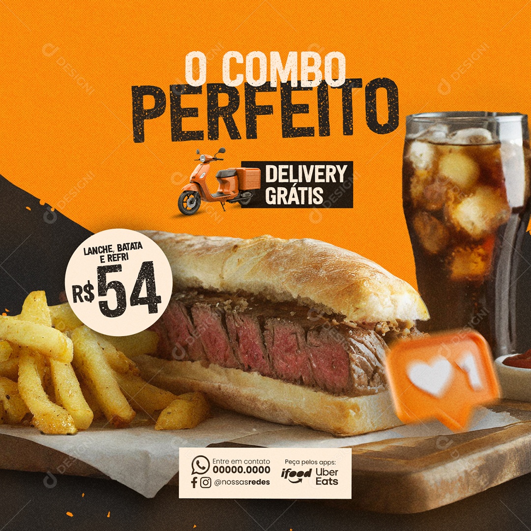 Lanchonete O Combo Perfeito Lanche Batata e Refri Delivery Grátis Social Media PSD Editável