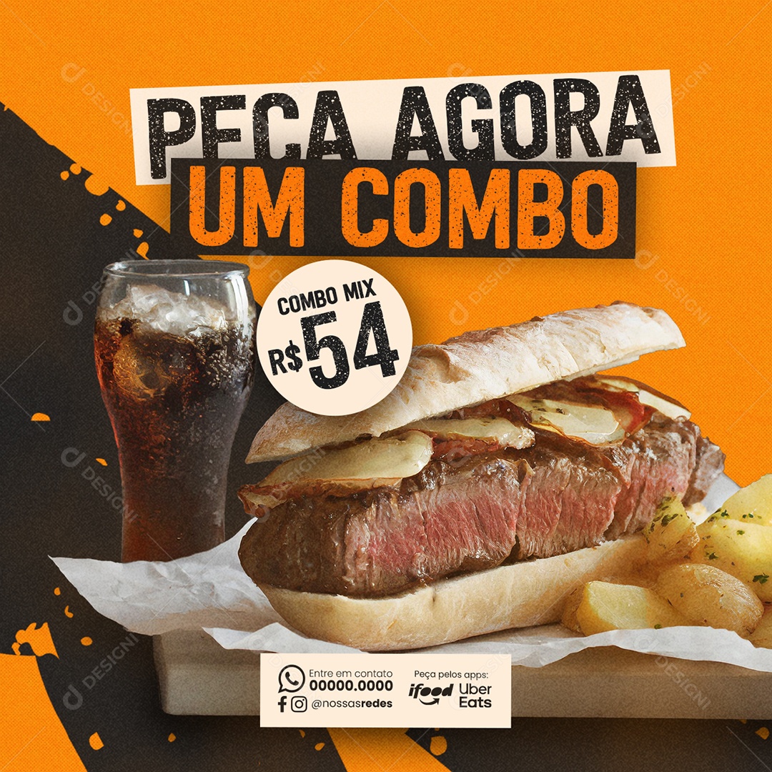 Lanchonete Peça Agora um Combo Mix Lanche e Refrigerante Social Media PSD Editável